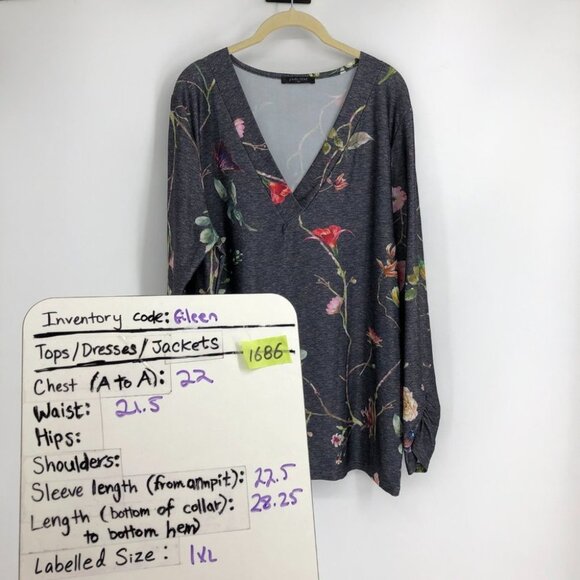 LoveU.Dear Black Heathered Floral Butterfly Print V-Neck Long Sleeve Blouse 1x - Picture 15 of 16